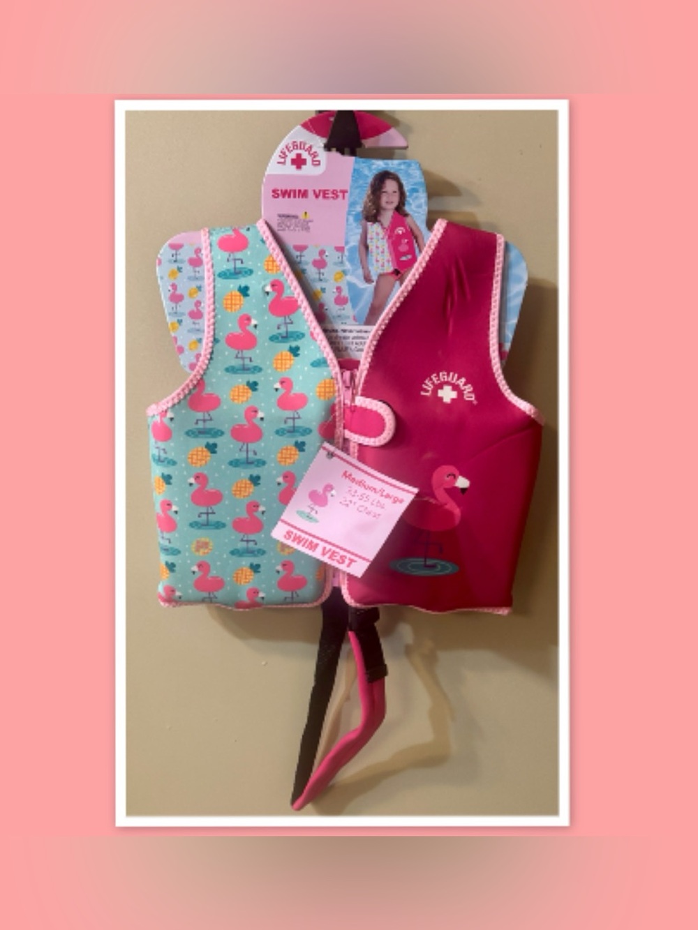 LIFEGUARD Swim Vest Medium/Large 33-55 Lbs Flamingo